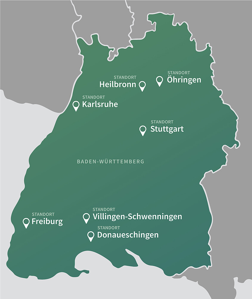 Eine Karten-Illustration von Baden-Württemberg mit allen 7 Standorten der BIT Stadt + Umwelt GmbH